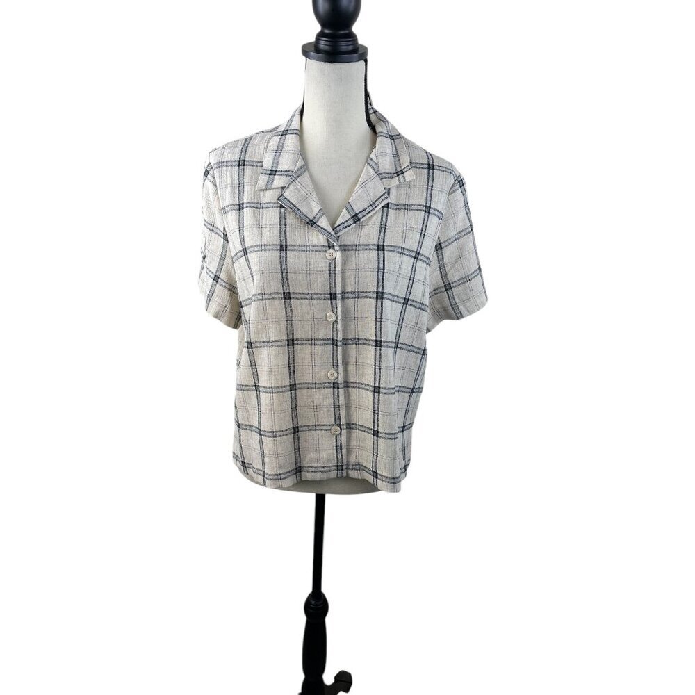 Vintage Deadstock Plaid Boxcut Linen Blend Coast Button Down Top NWT